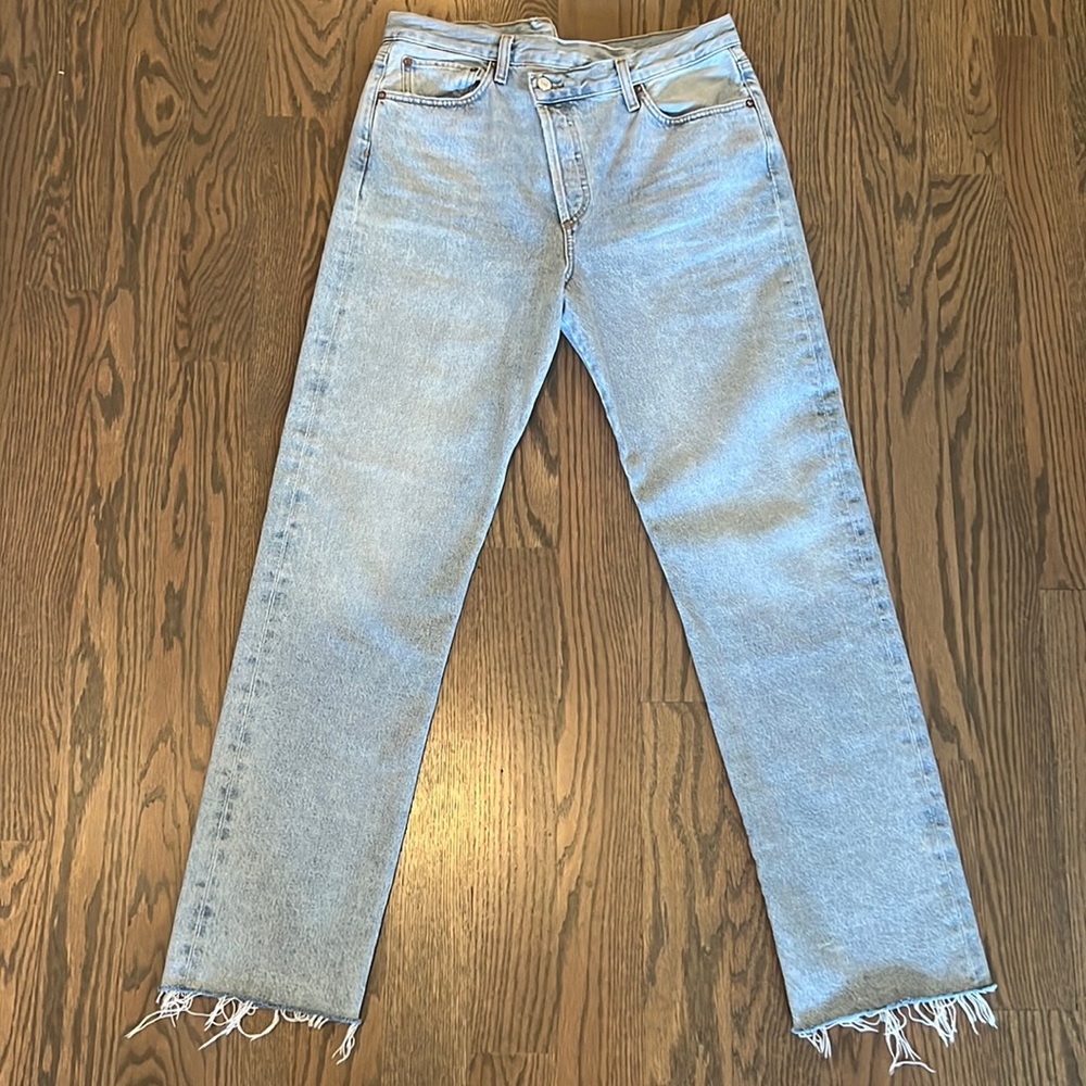 Criss Cross High-Rise Distressed Straight-Leg Jeans
